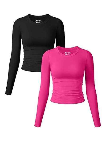 OQQ Womens 2 Piece Shirts Long Sleeve Crew Neck Ruched Stretch Basic Fitted Tee Shirts Tops - Black,pitaya - Large