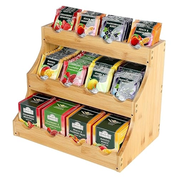 efuturetime Teebeutel Organizer Stehend Bambus, 30,7 x 25 x 20,5 cm, Teeregal Hochkant aus Holz mit 12 Staufächern, Tee Aufbewahrung für Losen tee, Teepackungen, Kaffee, Zucker und Rührstäbchen