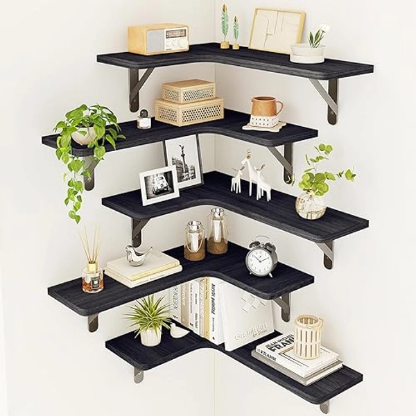 Fixwal Corner Floating Shelves Set of 5, Rustic Wood Wall Mounted Corner Shelf for Bathroom, Kitchen, Bedroom, Home Decor, Laundry Room, Living Room(Black) - 3-black