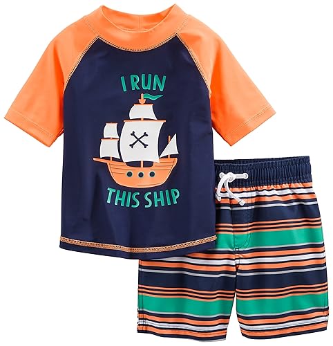 Simple Joys by Carter's Toddlers and Baby Boys' Swimsuit Trunk and Rashguard Set - 24 Months - Navy Orange Ships/White Stripe