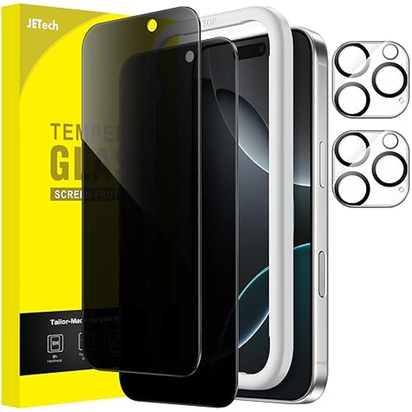 JETech Sichtschutz für iPhone 16 Pro 6,3 Zoll mit Kameraschutz, Anti-Spy Gehärtete Glas Schutzfolie, Einfaches Installationswerkzeug, 2 Stück Jeweils - iPhone 16 Pro 6,3 Zoll