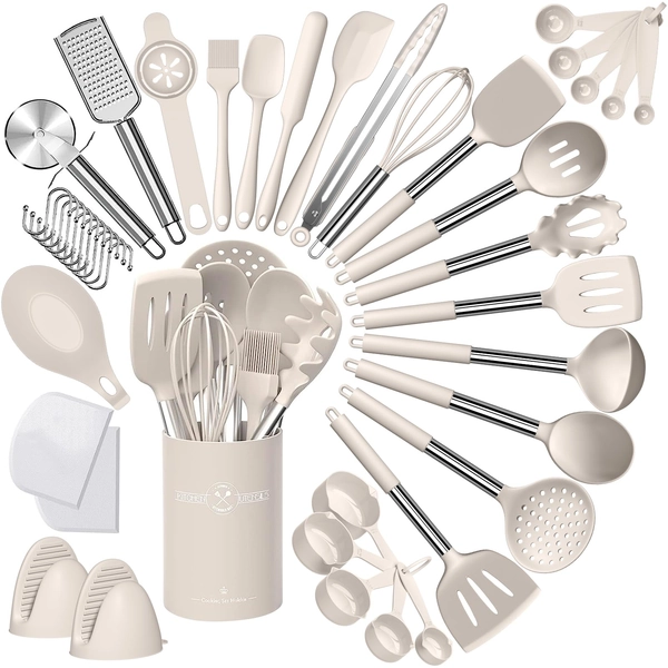 Umite Chef Silicone Kitchen Cooking Utensil Set, 43 pcs Spatula Set with Stainless Steel Handle, Non-Stick Heat Resistant - Best Cookware Set-(Khaki) - Khaki
