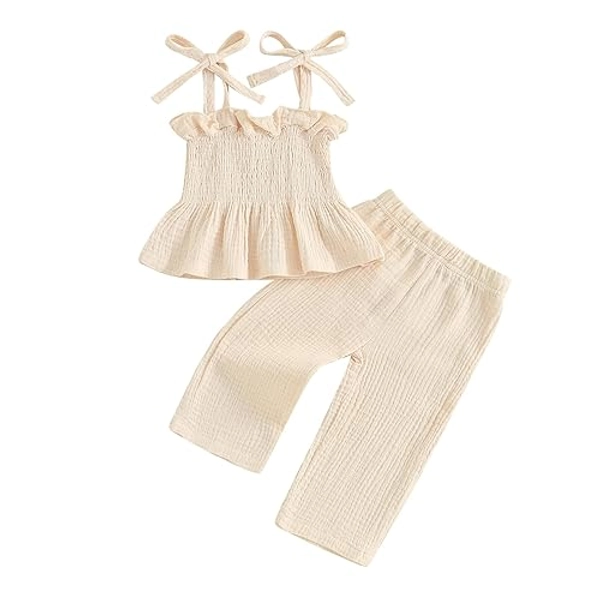 VISGOGO Infant Baby Toddler Girls Clothes Solid Color Sleeveless Camisole Linen Pants Set Baby Summer Outfits - 12-18 Months - Apricot