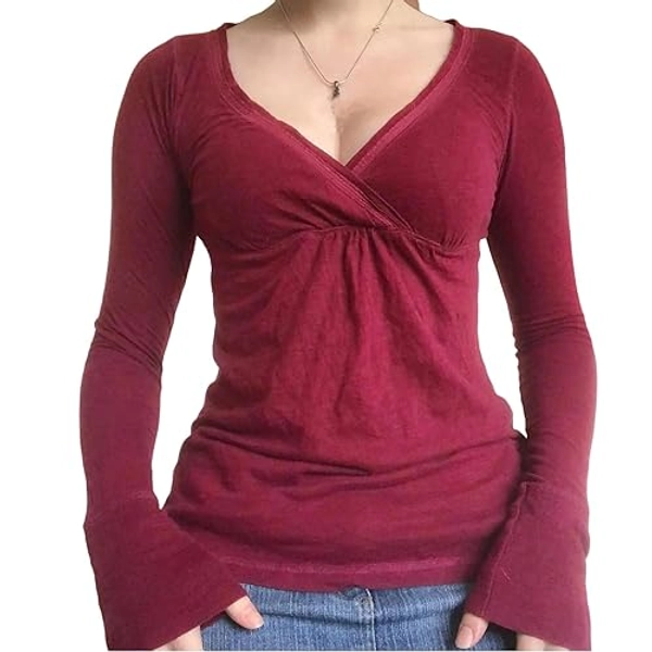 Tsultryofs Y2k Grunge Aesthetic Clothes for Women Long Sleeve V-Neck T Shirts Vintage Fall Top Harajuku Streetwear - Small - Red