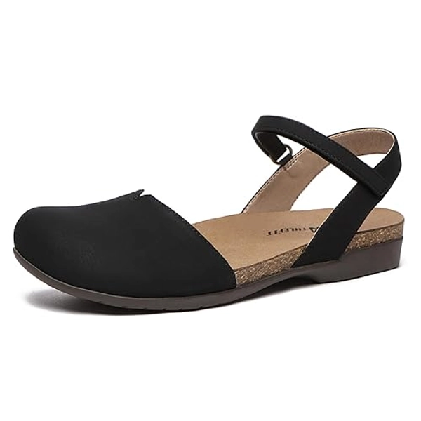 Athlefit Women's Closed Toe Sandals Comfort Cork Footbed Arch Support Flat Sandals - 8.5 - Black