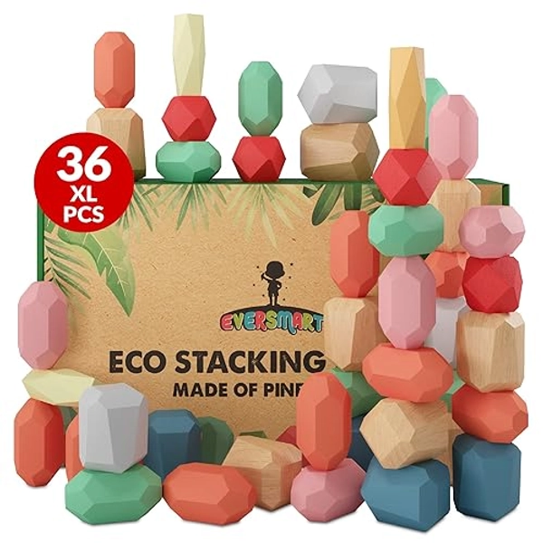 EVERSMART 36 Pcs Wooden Stacking Blocks – Montessori Toys for 1 2 3 4 5 6 Year Old Toddlers and Kids, XL Rocks, No Choking Hazard – Sensory STEM Building Stones, for Girls and Boys - 36 XL Rocks