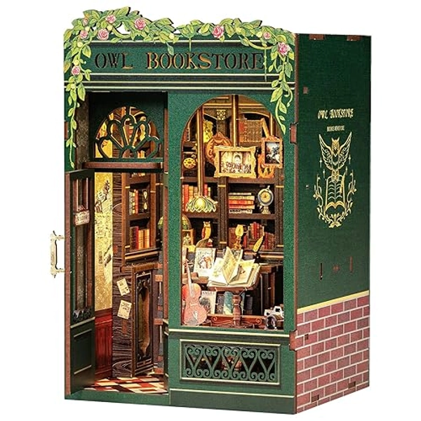 CUTEBEE Book Nook Kit - DIY Miniature House Kit for Adults, Teens and Beginners, Dollhouse Booknook Library Tiny House Bookshelf Decor 3D Wooden Puzzle, Gifts for Family, Friends (Owl Bookstore)