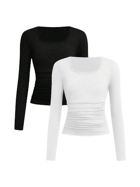 SOLY HUX Girl's Long Sleeve Scoop Neck Tees Ruched Casual Tshirt Tops Slim Basic Shirts 2 Piece - 10 Years - White and Black