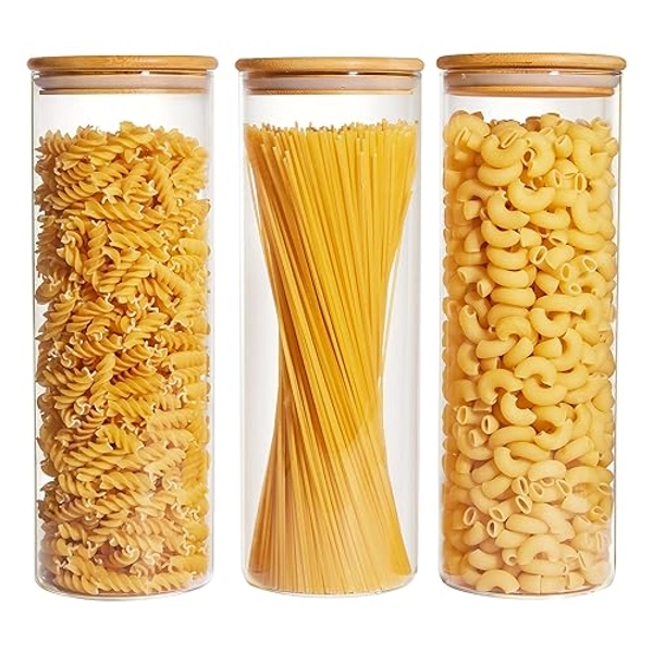 Vtopmart 70oz Glass Food Storage Jars, Set of 3 Large Food Containers with Airtight Bamboo Wooden Lids for Pasta, Nuts, Flour, Glass Canisters for Kitchen, Pantry Organization and Storage, BPA Free - 70.0 ounces - Round - 3 - Round-3pack 70oz