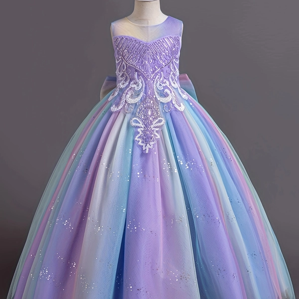 Girls' Rainbow Princess Dress With Lace And Tulle, Flower Girl Wedding Pageant Runway Gown, Host Piano Performance Dress For Kids - Occasion Style