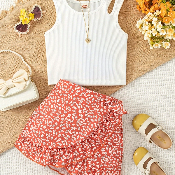 Chic Summer Girls' Outfit Set: Sleeveless Knit Top & Floral Skirt with Bow Detail - Breathable Polyester Blend, Machine Washable