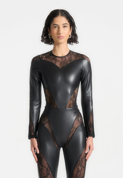 Leather and Lace Contour Bodysuit - Black | US 10 / Black / WMN3672-01