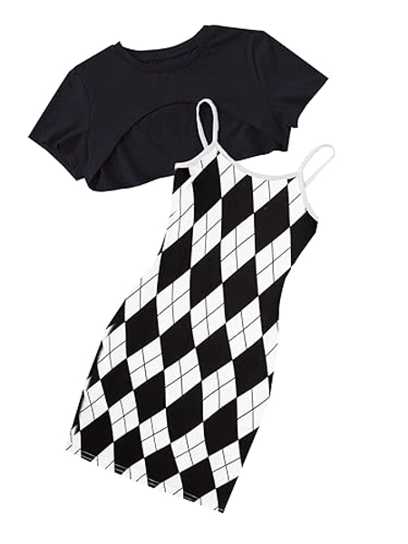 OYOANGLE Girl's Cute 2 Piece Outfits Print Cami Short Dress with Crop Top Tee Set - 10 Years - Black and White