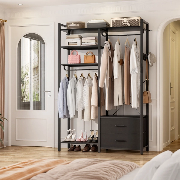 Latitude Run® 6 Tiers Freestanding Portable Closet Wardrobe System Clothing Rack With 2 Drawers | Wayfair
