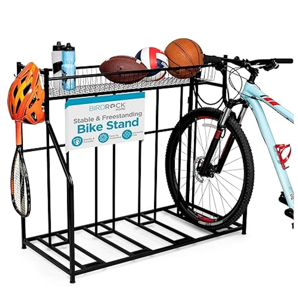 BIRDROCK HOME Bike Rack Garage Storage Floor Stand - Freestanding Organizer for Outdoor Yard - Upright Wall Mount for Scooters, Rakes, Motorcycles, Hoverboards, Gloves - Holds 4 Bicycle - Black - 4 Bike Stand