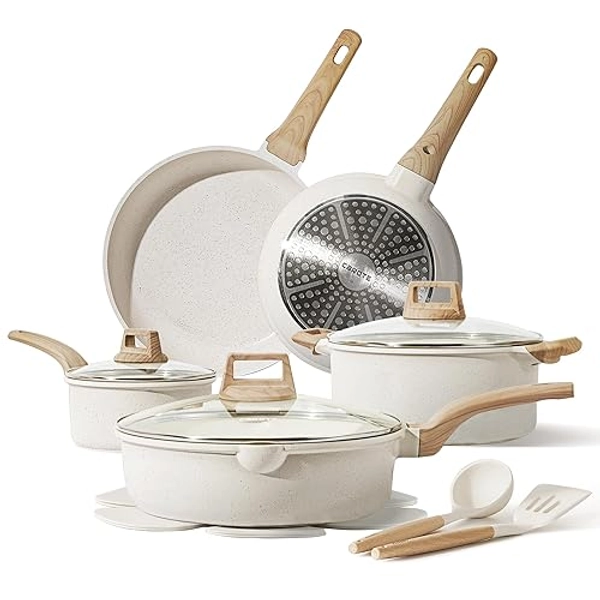 CAROTE 14 Pcs Pots and Pans Set Nonstick,Cookware Set Kitchen Cooking Set with Utensil and Pan Protectors - Cream White - 14 Piece