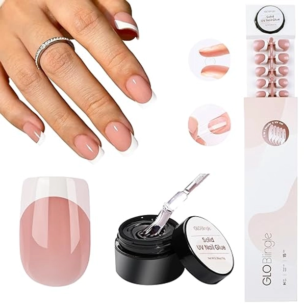 GloBlingle White French Tip Press on Nails Short Square Gel Nail Tips - 150Pcs French Nails 5 in 1 Acrylic False Nail Tips with Solid Nail Glue French White Nude Pink Extra Short Press on Nail Tips - Sc-S-Nude Pink 150PCS