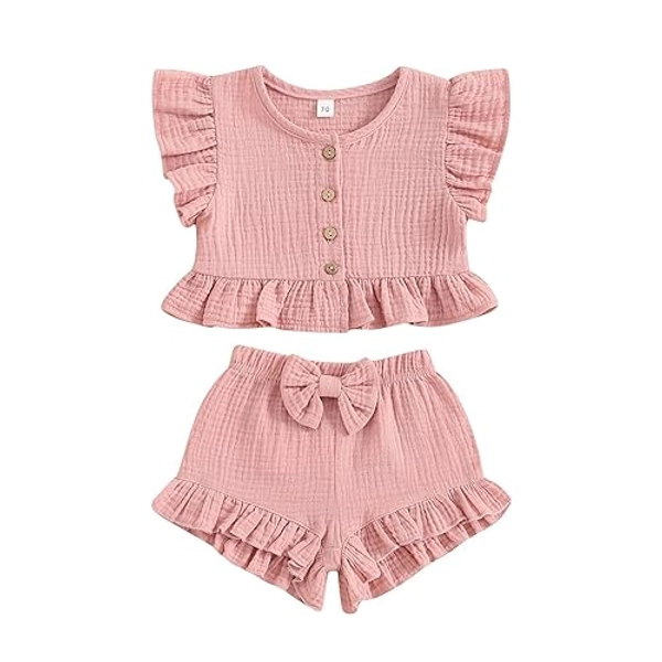 BemeyourBBs Summer Toddler Girl Clothes Baby Girl Ruffle Sleeveless Shirt with Buttons Bow Bloomers Shorts Set Cute Outfits - 2-3 Years - Solid Pink