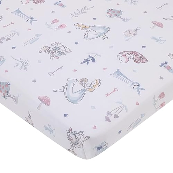 Disney Alice in Wonderland Light Blue, Pink, and White, Rabbit, and Cheshire Cat Super Soft Nursery Fitted Mini Crib Sheet - Alice in Wonderland Light Blue, Pink, and White