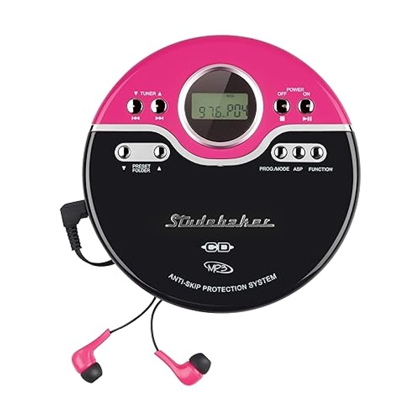 Studebaker Pink Retro Portable CD Player | CD-R/RW MP3 Playback | Programmable Personal CD Player | Anti-Skip | FM Radio | Mega Bass Boost | Sport Earbuds (Vintage Magenta)