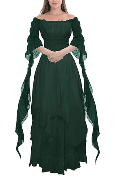YEAXLUD Women's Victorian Dress Puff Sleeve Off Shoulder Ruffle Plus Size Medieval Costume for Women Renaissance Dress - Green - X-Large