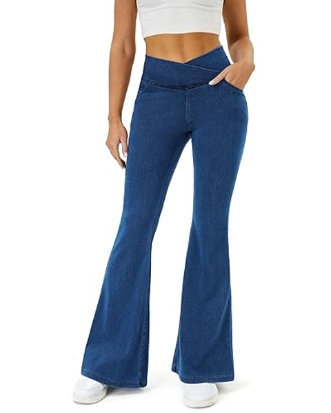 COPYLEAF Bell Bottom Jeans for Women Trendy High Waisted Crossover Stretchy Jeans Flare Leggings with Pockets Y2k Jeggings - X-Small - Medium Wash