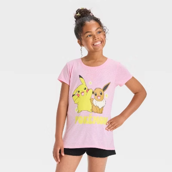 Pokémon Girls' Pikachu and Eevee Short Sleeve Graphic T-Shirt - Pink