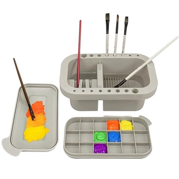 MyLifeUNIT Paint Brush Cleaner, Paint Brush Holder and Organizers with Palette for Acrylic, Watercolor, and Water-Based Paints (Grey) - Grey