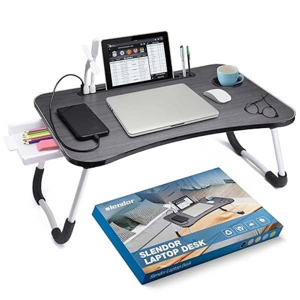 Slendor Laptop Desk Laptop Bed Stand Foldable Laptop Table Folding Breakfast Tray Portable Lap Standing Desk Reading and Writing Holder with Drawer for Bed Couch Sofa Floor - Black