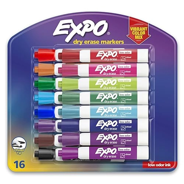 Expo Low Odor Dry Erase Markers, Assorted Colors, Chisel Tip - Pack of 16 - 16 Count (Pack of 1) - Markers