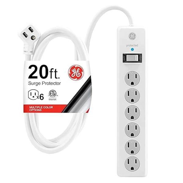 GE 6-Outlet Surge Protector, 20 Ft Extension Cord, Power Strip, 800 Joules, Flat Plug, Twist-to-Close Safety Covers, Protected Indicator Light, UL Listed, White, 50770 - White - 20 Ft - 1 Pack