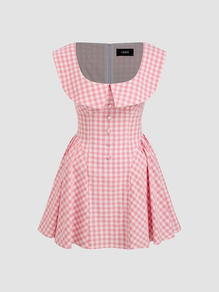 Cotton U-neckline Gingham Ruffle Mini Dress