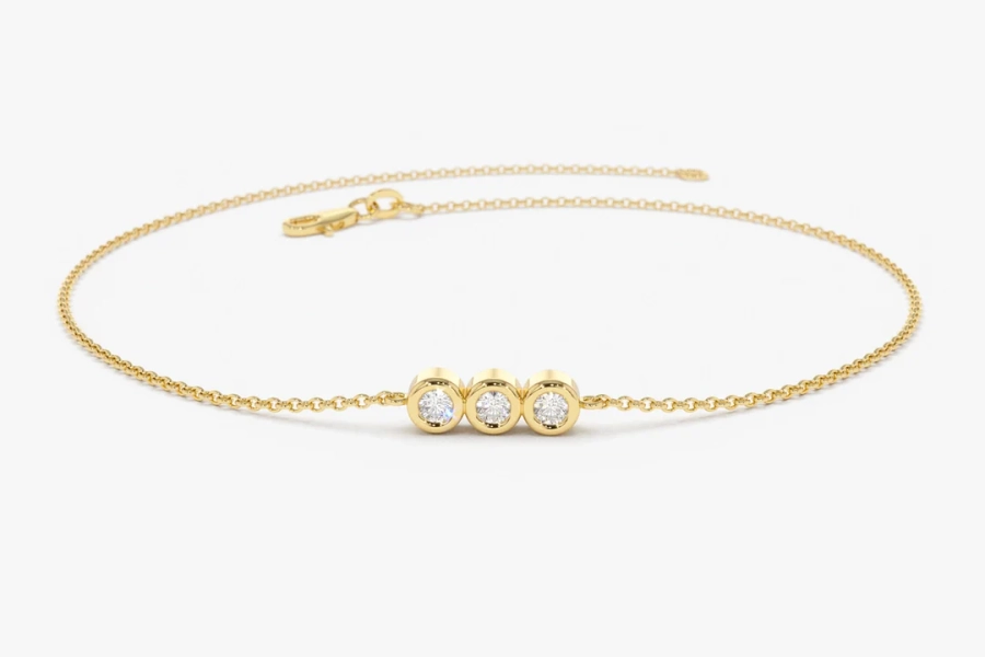 Diamond Bracelet With Thin Chain / Trio Diamond Bracelet in 14k Solid Gold in Bezel Setting / Diamond Bezel Bracelet / Birthday Gift - Etsy