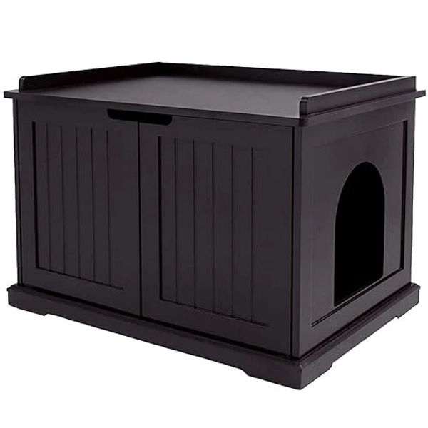 unipaws Cat Litter Tray Furniture, Hidden Litter Box Enclosure Cover, Designer Cat Washroom Storage Bench, Indoor Wooden Cat House, Easy Assembly, Fit Most of Litter Tray, Espresso - Espresso