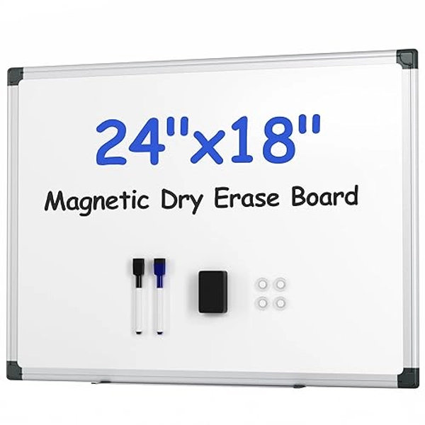 VUSIGN Magnetic White Board Kit for Wall 24" x 18", 1 Dry Eraser & 2 Multicolor Markers & 4 Magnetic Pins, Sliver Reinforced Aluminum Frame for Home, School, Office - Silver - 24" x 18"