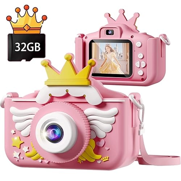 Kids Camera, Maxseem Camera for Kids 3-12 Years Old, Kids Digital Camera 1080p HD Video Selfie Camera Rechargeable with 32GB TF Card, Kids Toys for Christmas Birthday Boys Girls Gifts, Crown, Pink - Pink Crown