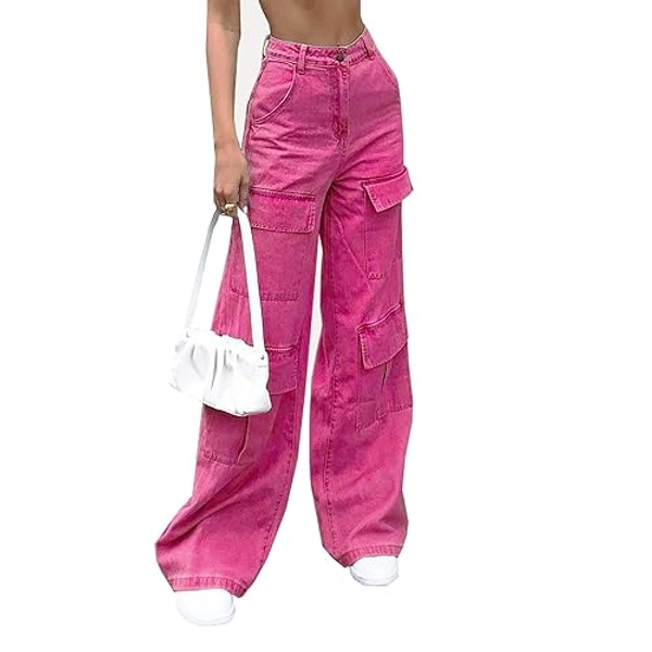 Women's High Waist Baggy Jeans Flap Pocket Relaxed Fit Straight Wide Leg Y2K Fashion Cargo Jeans - Blue X-Small