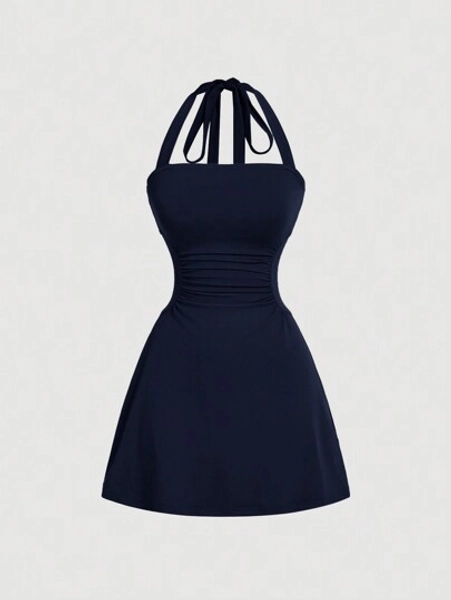 SHEIN MOD Simple Solid Color Women's A-Line Dress With Cinched Waist, V-Halter Design,Sun Dress,Summer Dresses For Women