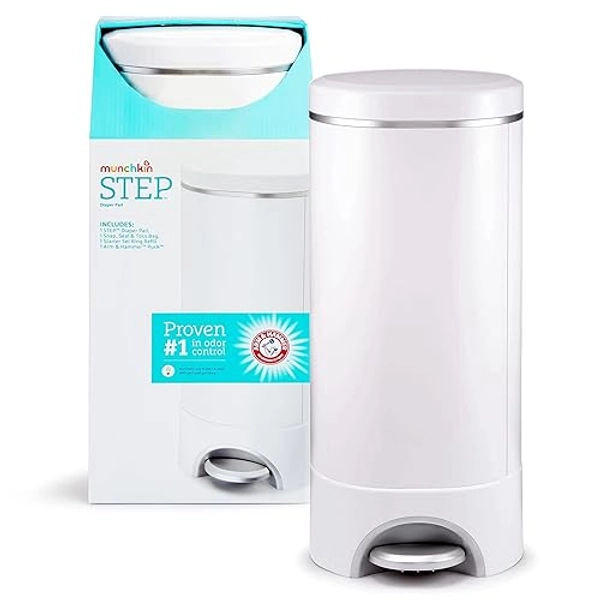 Munchkin® STEP™ Diaper Pail Powered by Arm & Hammer, #1 in Odor Control, Award-Winning, Includes 1 Snap, Seal & Toss™ Bag, 1 Starter Refill Ring, and 1 PUCK™ Baking Soda Cartridge - Diaper Pail
