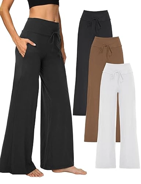 Showitty 3 Pack Wide Leg Yoga Pants for Women, Comfy Lounge Pajama Sweatpants Loose Causal Palazzo with Pockets - Black/ Mocha/ White - X-Large