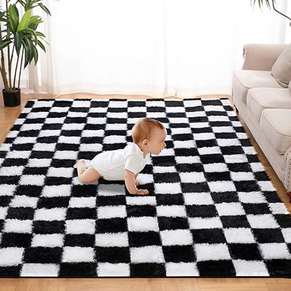Super Soft Rug for Bedroom, 5x7 Ft Black and White Area Rug Classic Checkered Shaggy Rug Anti-Skid High Pile Soft Fluffy Rug Fuzzy Carpet for Living Room Bedroom Kids Room Nursery, Dorm Home Decor - Black and White - 5x7Feet