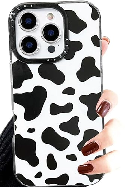 Abbery for iPhone 16 Pro Case Cow Print Clear with Black and White Design Cow Pattern Cute Durable Silicone TPU Sturdy Slim Shockproof Protective Woman Girls Girly Aessthetic Phone Cover - for iPhone 16 Pro