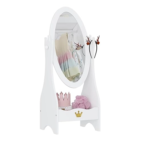 UTEX Kids Full Length Mirror, Kids Free-Standing Dressing Mirror with Adjustable Viewed, Wooden Mirror with Storage for 3-7 Years Old, White