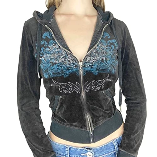 Karwuiio Women's Zip Up Crop Hoodies Long Sleeve Vintage Graphic Hooded Sweatshirt Aesthetic Y2k Jacket with Pocket - Small - B-black