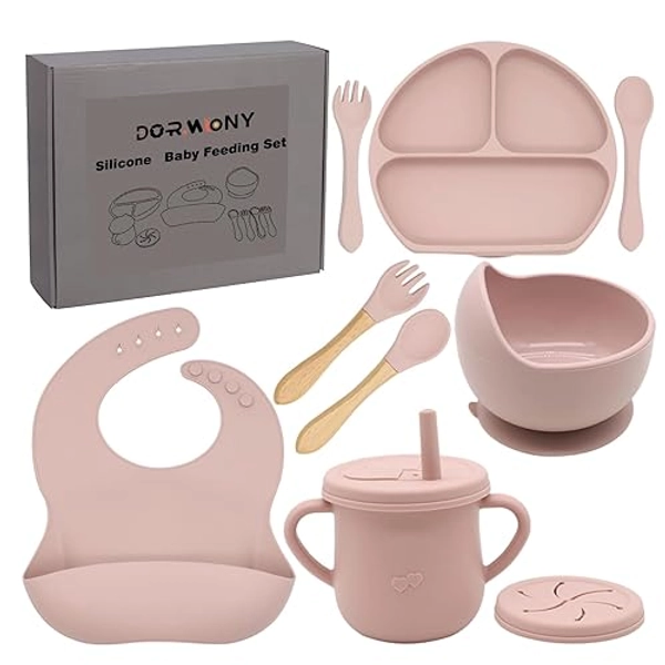 Dormlony 100% Silicone Baby Feeding Set,BPA Free Baby Dishes Set with Suction Bowl Divided Plate,Toddler Self Feeding Dish Set with Spoons Forks Sippy Cup and Bib, Baby Eating Utensils (Pink) - Pink