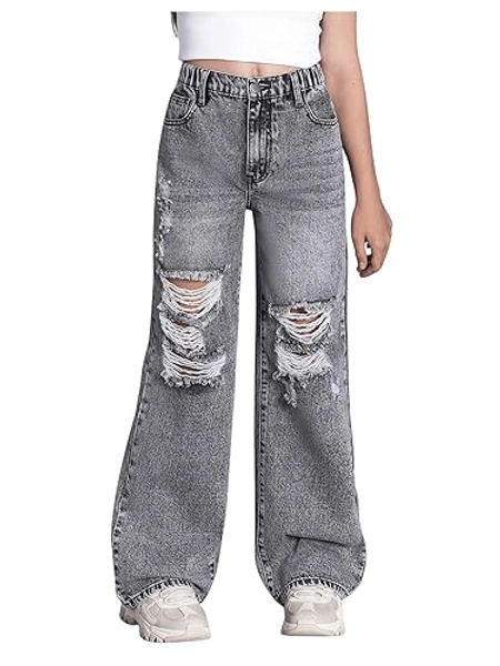 Floerns Girl's Elastic High Waist Ripped Baggy Jeans Wide Leg Distressed Denim Pants - 10 Years - Light Grey
