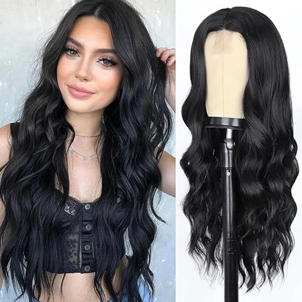 WERD Long Black Wavy Wigs for Women Black Curly Wig with Middle Part Synthetic 26 Inch Natural Looking Black Wig for Daily Party Use - Black