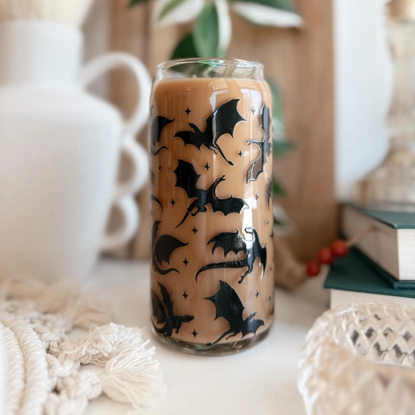 Fantasy Dragons Glass Can Tumbler, 20oz | Fantasy Book Merch | Dragon Coffee Cup | Book Lover Gift | Bookish Coffee Glass | Fantasy Reader