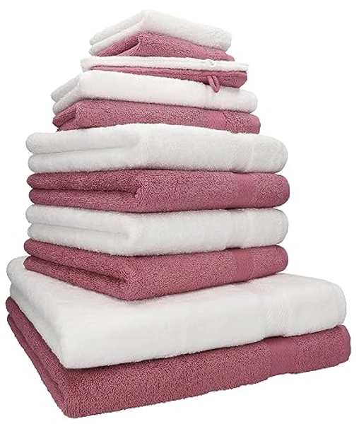 Betz 12-TLG. Handtuch Set Premium 100% Baumwolle 2 Duschtücher 4 Handtücher 2 Gästetücher 2 Seiftücher 2 Waschhandschuhe weiß/Beere - Weiß / Beere