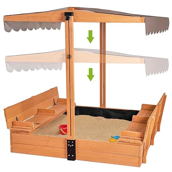 Kids Wooden Outdoor Sandbox w/Canopy, 2 Foldable Bench Seats, Retractable Roof Sand Protection Liner 47x47-Inch - Sandbox
